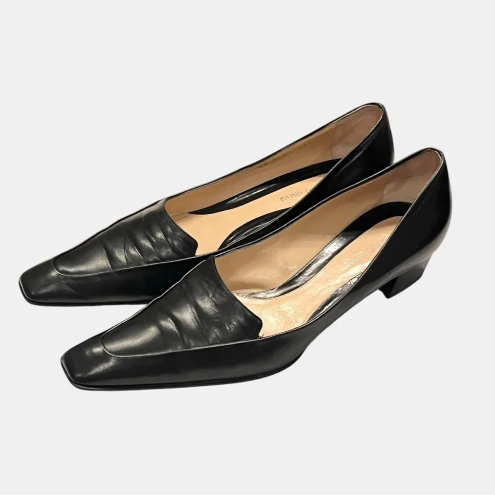 GIORGIO ARMANI black leather low heel squared off point toe heels size 9.5 39.5